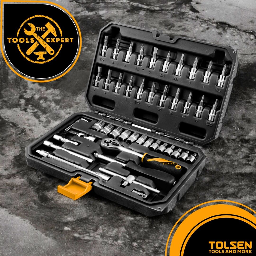 TOLSEN 46Pcs 1/4″Socket Set. Including 21 sturdy S2 material bits, covering Torx, Phillips, Slot, Pozi, and Hex types, ensuring you have the right tool for any task. Trust TOLSEN for quality tools that get the job done right. #toolsofthetrade #toolbox #socketset #tolsen #tools