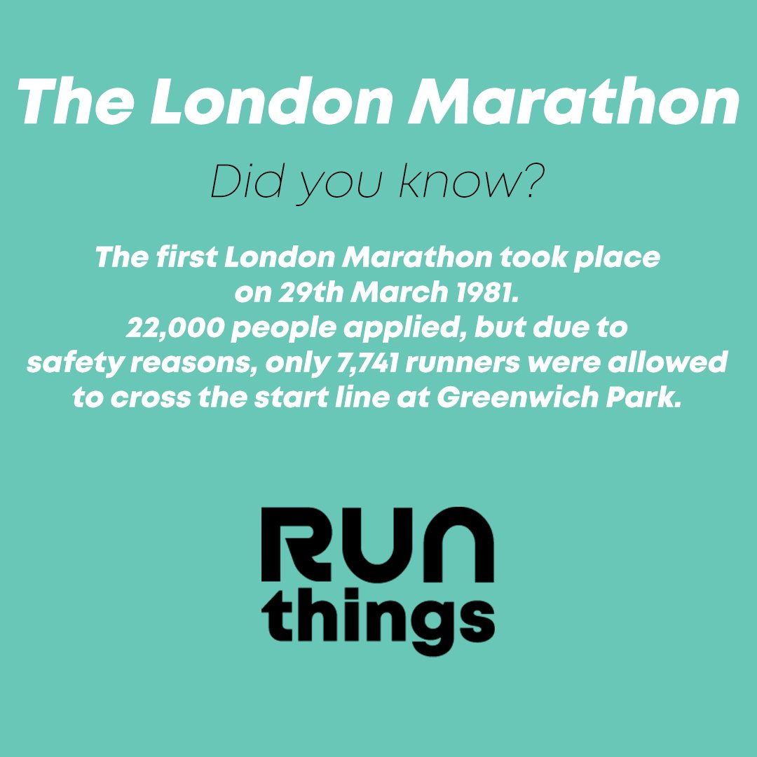 The first London Marathon took place on 29th March 1981. 22,000 people applied, but due to safety reasons, only 7,741 runners were allowed to cross the start line at Greenwich Park. -- #WeAreRunThings #RTRC #LondonMarathon #LondonMarathonFacts #TCSLondonMarathon #WeRunTogether
