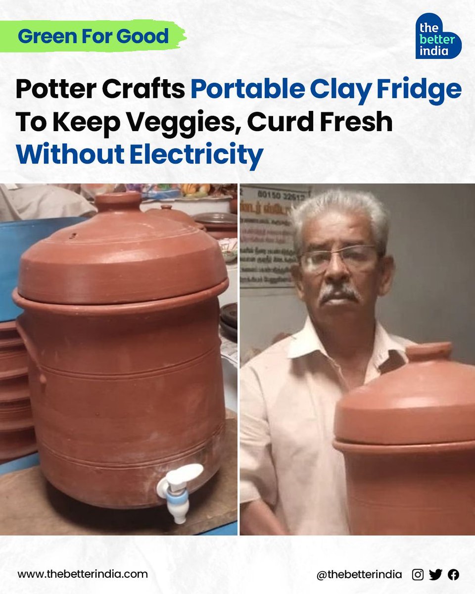 M Sivasamy, a 72-year-old potter from Tamil Nadu,innovated a refrigerator made entirely from clay!

#ClayFridge #EcoFriendlyLiving #SustainableLiving #MadeInIndia #TamilNadu #Innovation #Potters

[clay refrigerator, eco-friendly refrigerator, sustainable refrigerator, Tamil Nadu]