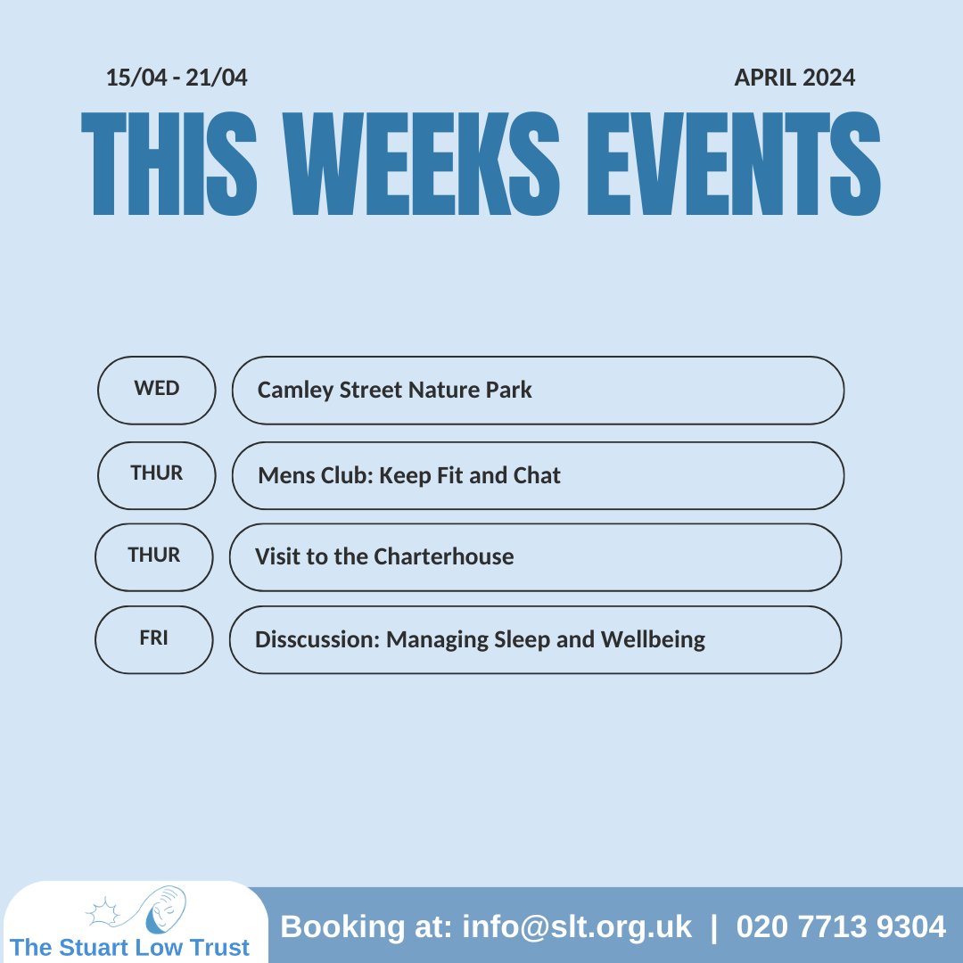 Here's what's coming up next week at SLT. Email info@slt.org.uk to find out more and to book your place. #freeevents #Eventslondon #TheStuartLowTrust #MentalHealth #Wellbeing #Arts #Nature #SelfCare #MentalHealthMatters #Mindfulness #InnerPeace
