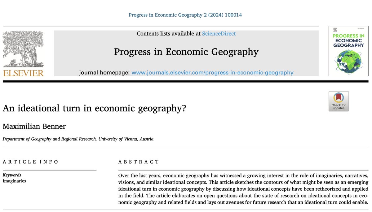 📗New paper published in Progress in Economic Geography 🟢: 'An ideational turn in economic geography? by @maximilien_ben #openaccess #PEG #economicgeography sciencedirect.com/science/articl…