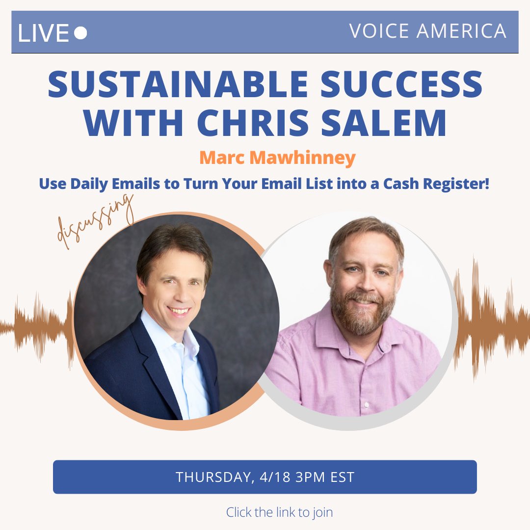 Join us on the Sustainable Success Radio Show, hosted on Voice America Business Channel! 🌱 Marc Mawhinney Use Daily Emails to Turn Your Email List into a Cash Register 🗓️ Date: Thu, Apr 18 🕒 Time: 3 PM ET voiceamerica.com/episode/149768… #sustainablesuccess #podcast