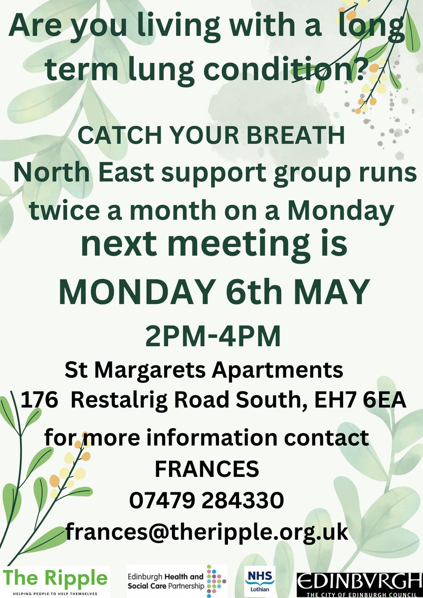 If your living with a lung condition and could use some support. Join Catch your Breath support group on 6th May between 2 pm-4 pm.