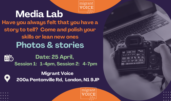 Join @MigrantVoiceUK  for a Media Lab in London on 25 April, bringing our untold stories to life, through two sessions focusing on photography and pitching our stories to the media. 

Details & register here: shorturl.at/pABM8