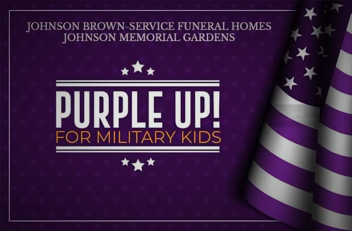 Pull out your purple, wear it with pride, and show your support for military kids today.

#PurpleUpDay #militarykidsrock 
#johnsonfuneraldirectors 
#johnsonbrown 
#brownservice 
#militarykids