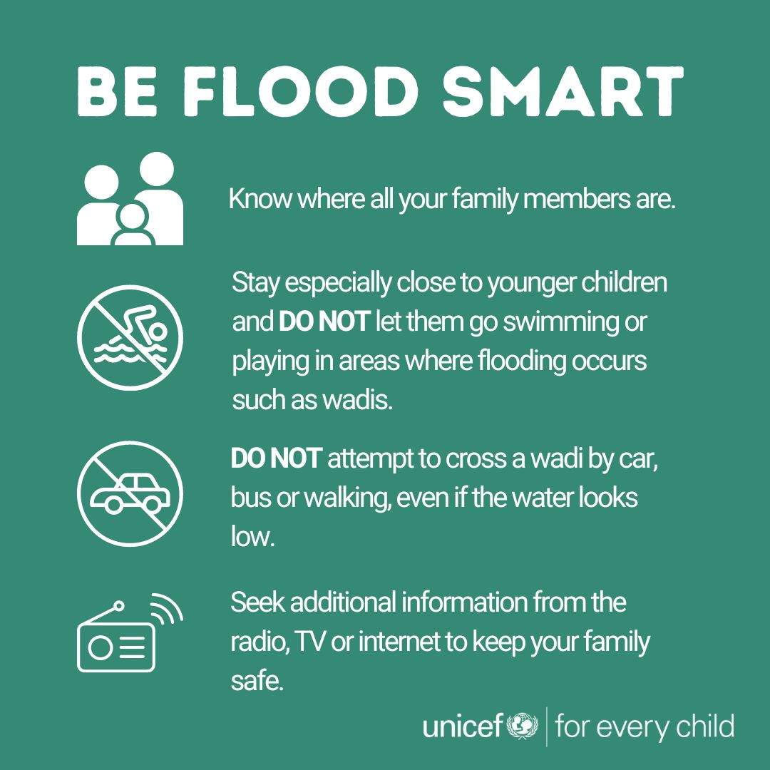 As we continue to expect heavy rains across #Oman, potentially causing flash floods, please be flood smart, be safe and ensure your children are supervised at all times.