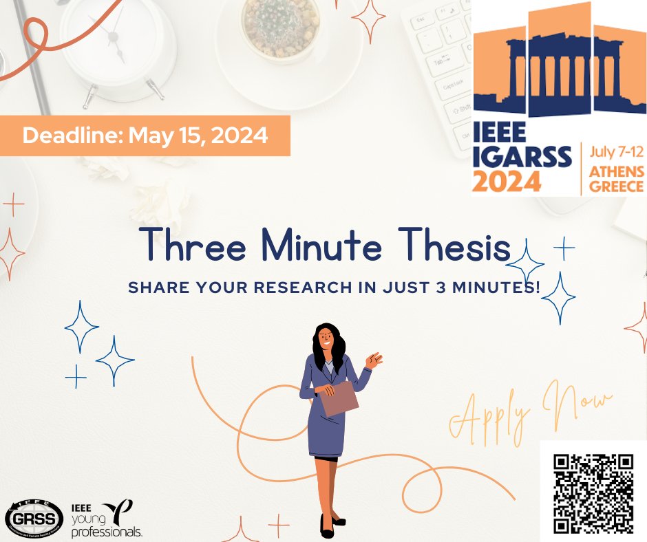 🗣️ Join us for the Three Minute Thesis (#3MT) Competition at #IGARSS2024! 👨‍🏫 Open to all students in a research-based masters or doctoral program 🕐 Deadline: May 15, 2024. 📍More info at: 2024.ieeeigarss.org/3mt.php 📧 For queries, contact: 3mt@2024.ieeeigarss.org