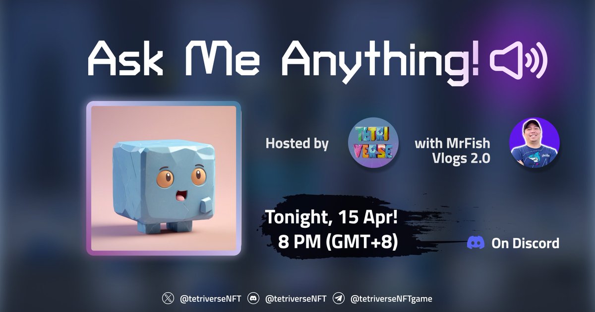 It's almost #AMA time! 

Tonight at 8PM (GMT+8), with @fishvlogs

👉Like, comment & retweet to win an invitation code to get whitelisted!

Join the AMA on Discord: discord.gg/pBTPe9Ewnm

5⃣winners, to be announced tonight after the AMA!

#web3 #airdrops #P2EGame #Tetriverse