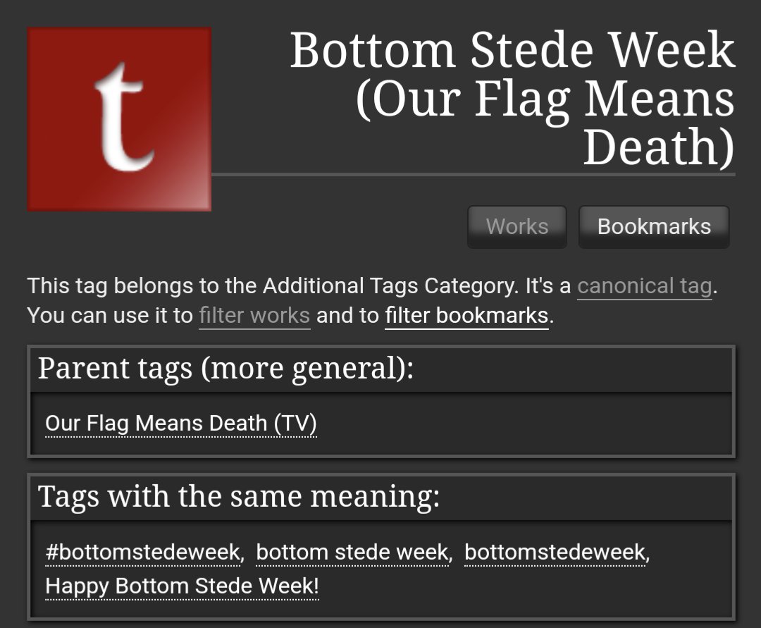 @BottomStedeWeek JSYK, 'Bottom Stede Week (Our Flag Means Death)' is the canonical tag that includes #bottomstedeweek, and it comes up in the autofill when you're adding tags, so I suspect people may end up using that instead! Might be the place to point people 🥰