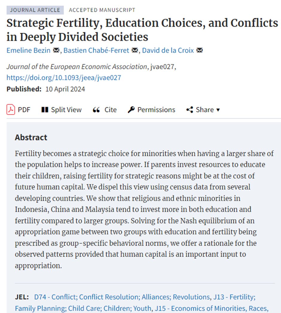 🚨Extremely pleased to see our article 'Strategic fertility, education choices, and conflicts in deeply divided societies', co-authored with Emeline Bezin and David de la Croix, published in @JEEA_News ! A quick 🧵to summarise the main findings. 1/N