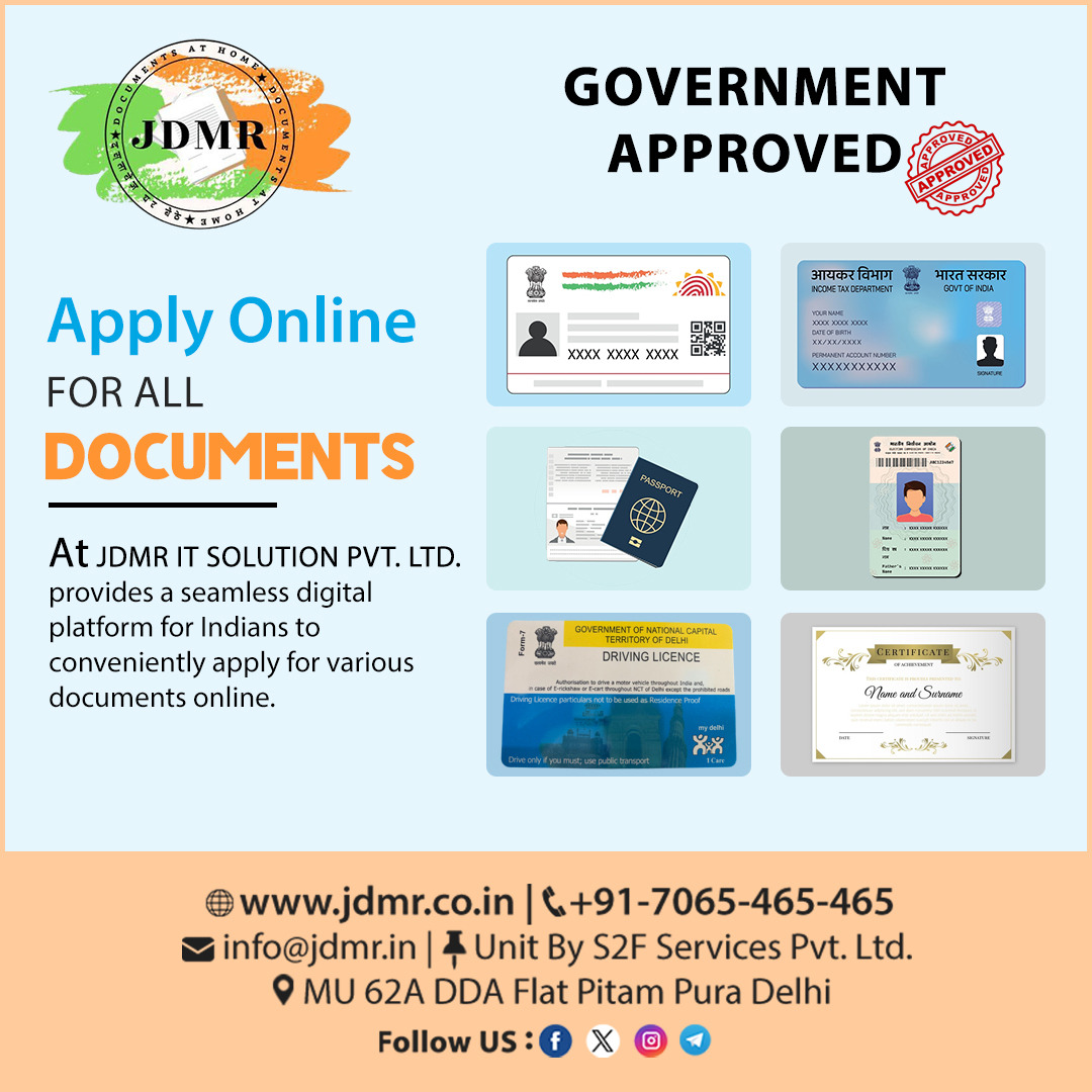 𝐀𝐩𝐩𝐥𝐲 𝐎𝐧𝐥𝐢𝐧𝐞 𝐟𝐨𝐫 𝐚𝐥𝐥 𝐃𝐨𝐜𝐮𝐦𝐞𝐧𝐭𝐬
At JDMR IT SOLUTION PVT. LTD. provides a seamless digital platform for Indians to conveniently apply for various documents online.
.
Contact Us -
☎️ Call: (+91) 7065-465-465
.
#jdmr #passport #aadhaarcard #aadhaar #pancard