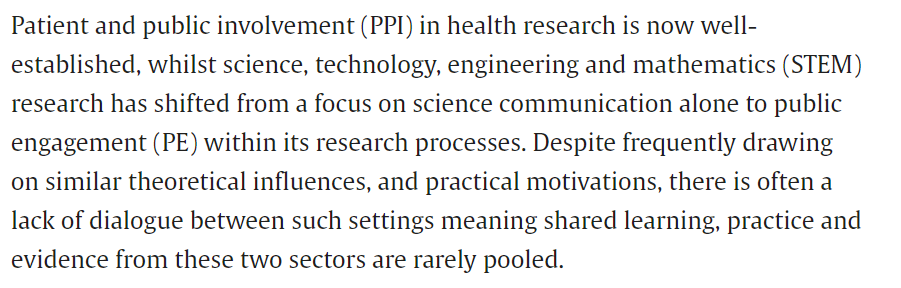 *New Article* available open access in PEC Innovation on #PPI in health, and #PE in STEM, authored with colleagues Laura Hobbs @SciCommsUWE, Andy Gibson & @Michele_Biddle @PublicHealthUWE @UWE_Research. And yes, it does have a very wordy title! 1/2