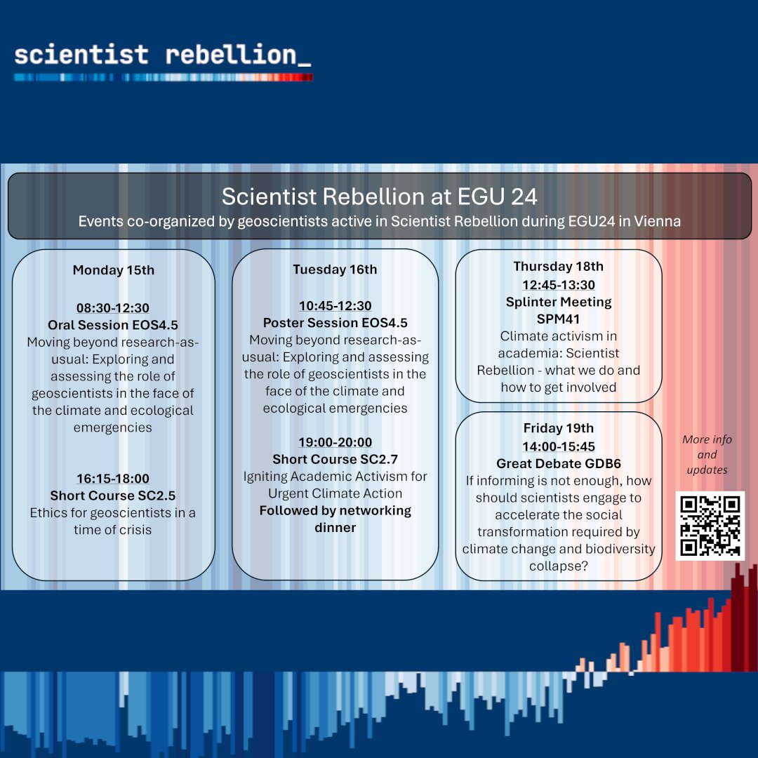 Are you at #EGU24 this week? Do not miss SR events today on 1️⃣ The role of scientists & 2️⃣ Ethics for geo-scientists, with geoscientists active in Scientist Rebellion in both panels!