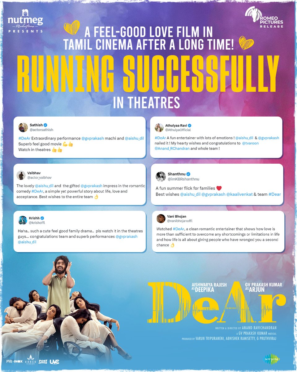 A feel-good romantic film in Kollywood after a long time ❤️ With positive reviews from celebrities, critics, and audiences, #DeAr is running successfully in theatres. @tvaroon #AbhishekRamisetty #PruthvirajGK @mynameisraahul #RomeoPictures @saregamasouth @gvprakash @aishu_dil