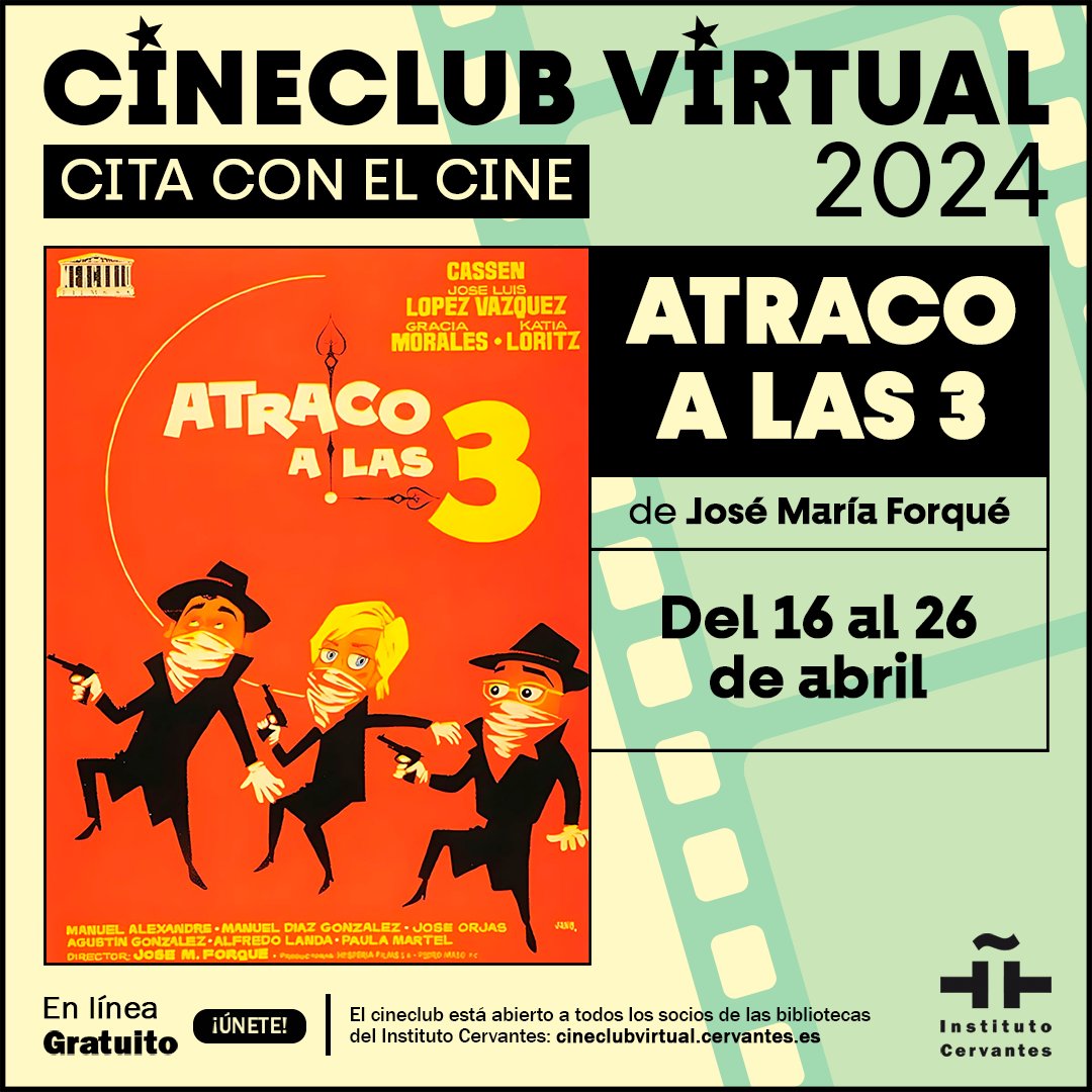 🎥Pronti? Iniziamo il cineclub online delle @Bibliotecas_IC con un classico della commedia spagnola. 𝐀𝐭𝐫𝐚𝐜𝐨 𝐚 𝐥𝐚𝐬 𝐭𝐫𝐞𝐬 (1962) racconta la storia di un cassiere di una filiale bancaria che decide rapinare la banca in cui lavora. ℹ️shorturl.at/HK156