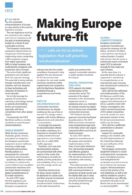 CECE_Europe's tweet image. 🏗️💡Our recent feature in @KHLConstruction Magazine highlights the critical steps needed to make 🇪🇺 future-fit: CECE calls on EU to deliver legislation that will prioritise #reindustrialization! 

Read our insights ➡ bit.ly/3HmXq1x

#CECEep2024 #WeMake2Build