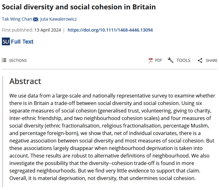 What is the evidence for a trade-off between social diversity and social cohesion? New paper with Tak Wing Chan in @BJSociology Data from @usociety survey Paper➡️onlinelibrary.wiley.com/doi/full/10.11…