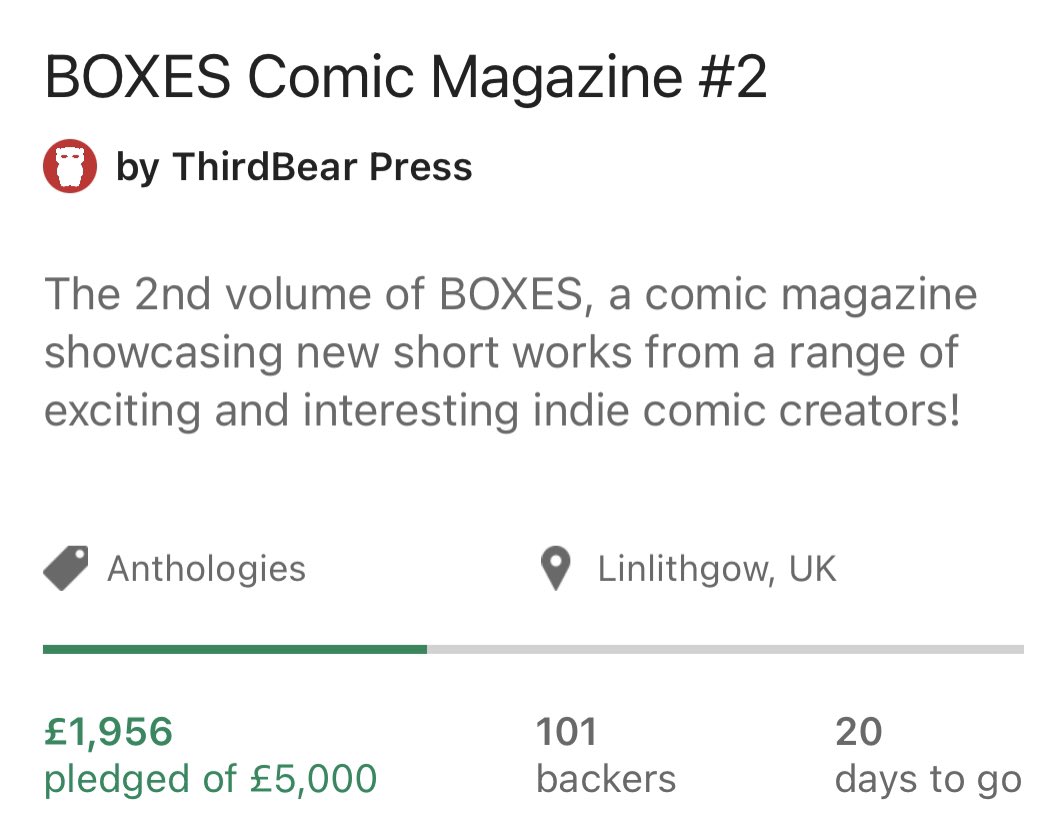 We reached over 100 backers yesterday! Thanks to everyone who has helped so far. I guess the next milestone is 50% funded? If you are able to help us get this exciting comics anthology printed, please have a look at the campaign page here kck.st/3VjYOuT Thanks! 📦📦📦