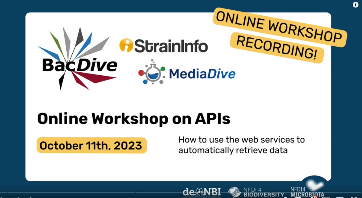 Leibniz_DSMZ_en's tweet photo. New tutorial online: How to use APIs to automatically retrieve data from the DSMZ Digital Diversity databases #StrainInfo, #BacDive and #MediaDive
👉 https://t.co/uLlusuOaXB
#DSMZDigitalDiversity #biodiversity #database #data #research #taxonomy #metadata https://t.co/lrc4t5DsDP