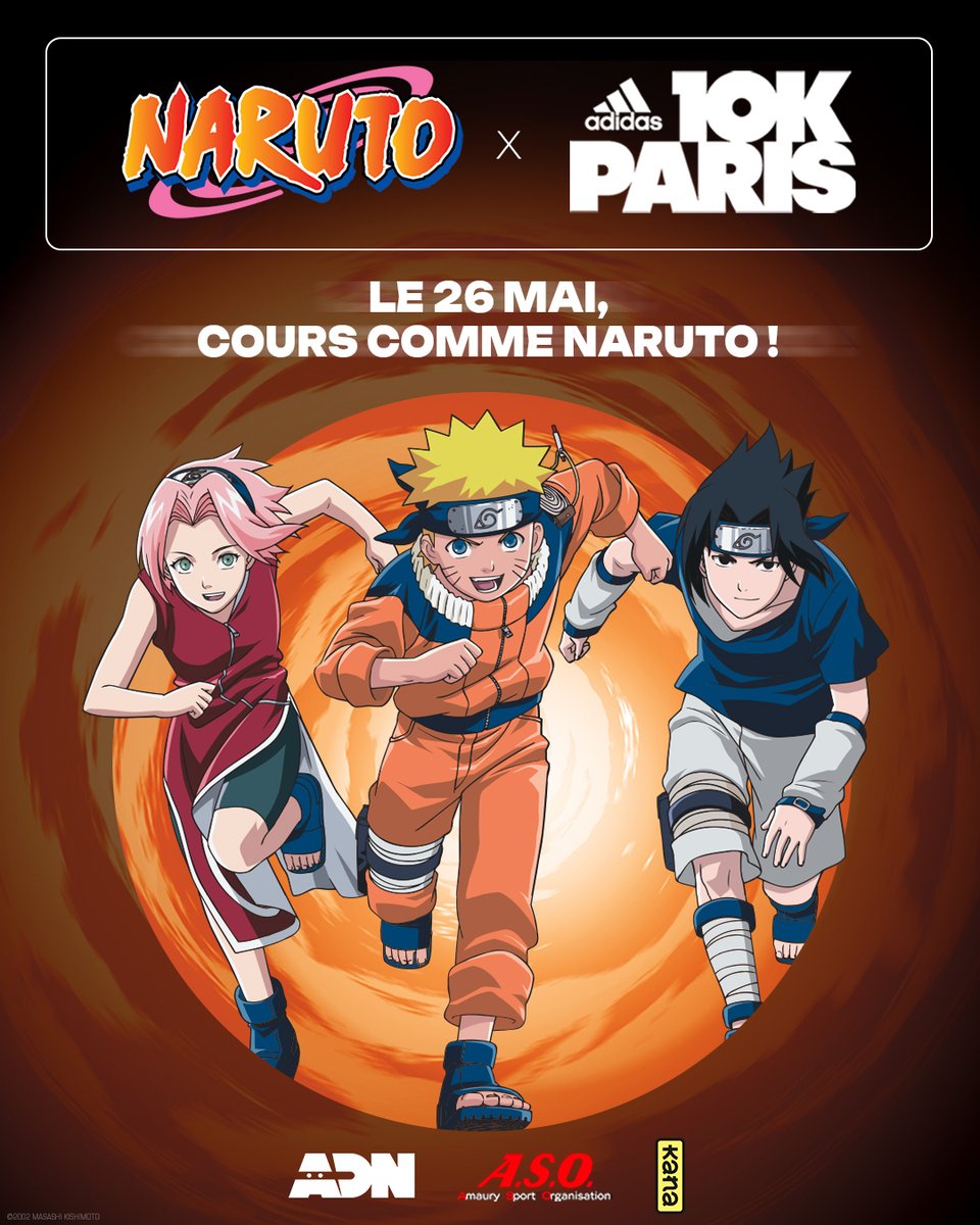 Le partenariat auquel personne ne s’attendait : Naruto X @adidas10kParis ! Sur le tracé de la course, 50m seront dédiés à Naruto, l’occasion ULTIME de courir comme un ninja sur fond d’openings 🏃 Retrouvez un stand dédié au village de la course, accessible à tous 🥷 LET'S GO!!