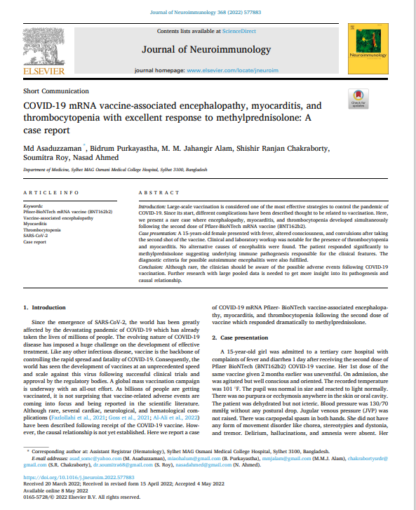 15 year old girl seriously injured 1 day after the #Pfizer #mRNA vaccine She presented with fever, altered consciousness, and convulsions after taking the 2nd shot of the vaccine Encephalopathy, myocarditis, and thrombocytopenia developed simultaneously pubmed.ncbi.nlm.nih.gov/35561428/