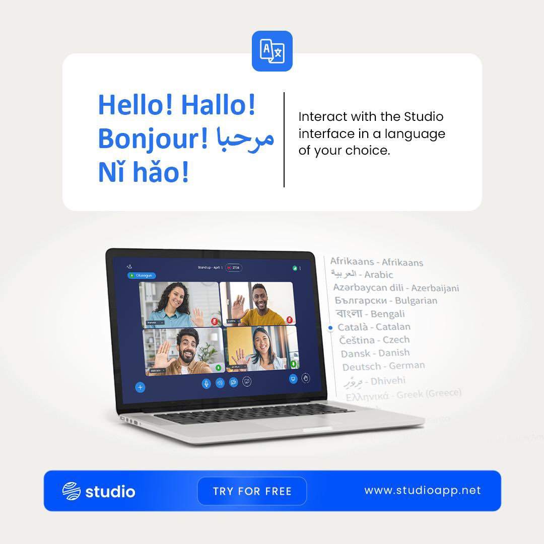 Break down language barriers and connect with the world seamlessly. Studio’s interface is available in a variety of languages, so you can host and attend meetings in your comfort zone.  

What language do you use Studio meetings in? Share in the comments below!  
 #virtualmeeting