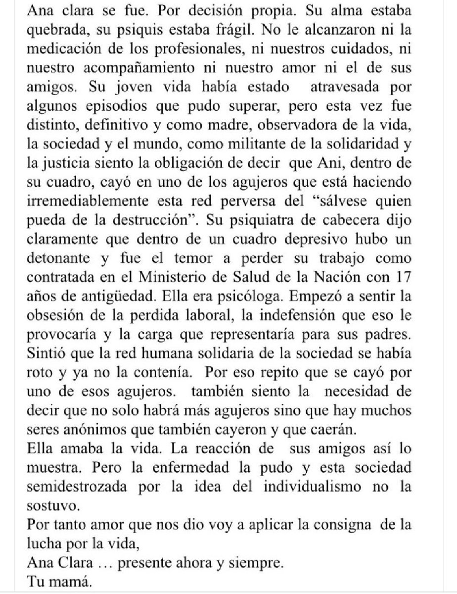 ElCiudaArg's tweet photo. #Argentina. #AjustesDeMilei
#AnaClara se suicidó, fue x temor a perder su trabajo de 17 años como #contratada en el #MinisteriodeSaluddelaNación. Su madre pidió difundir la carta. Es desgarrador leer el relato pero necesario el compartir... "Ana Clara" Presente, ahora y siempre! https://t.co/lnuBfhx3KC