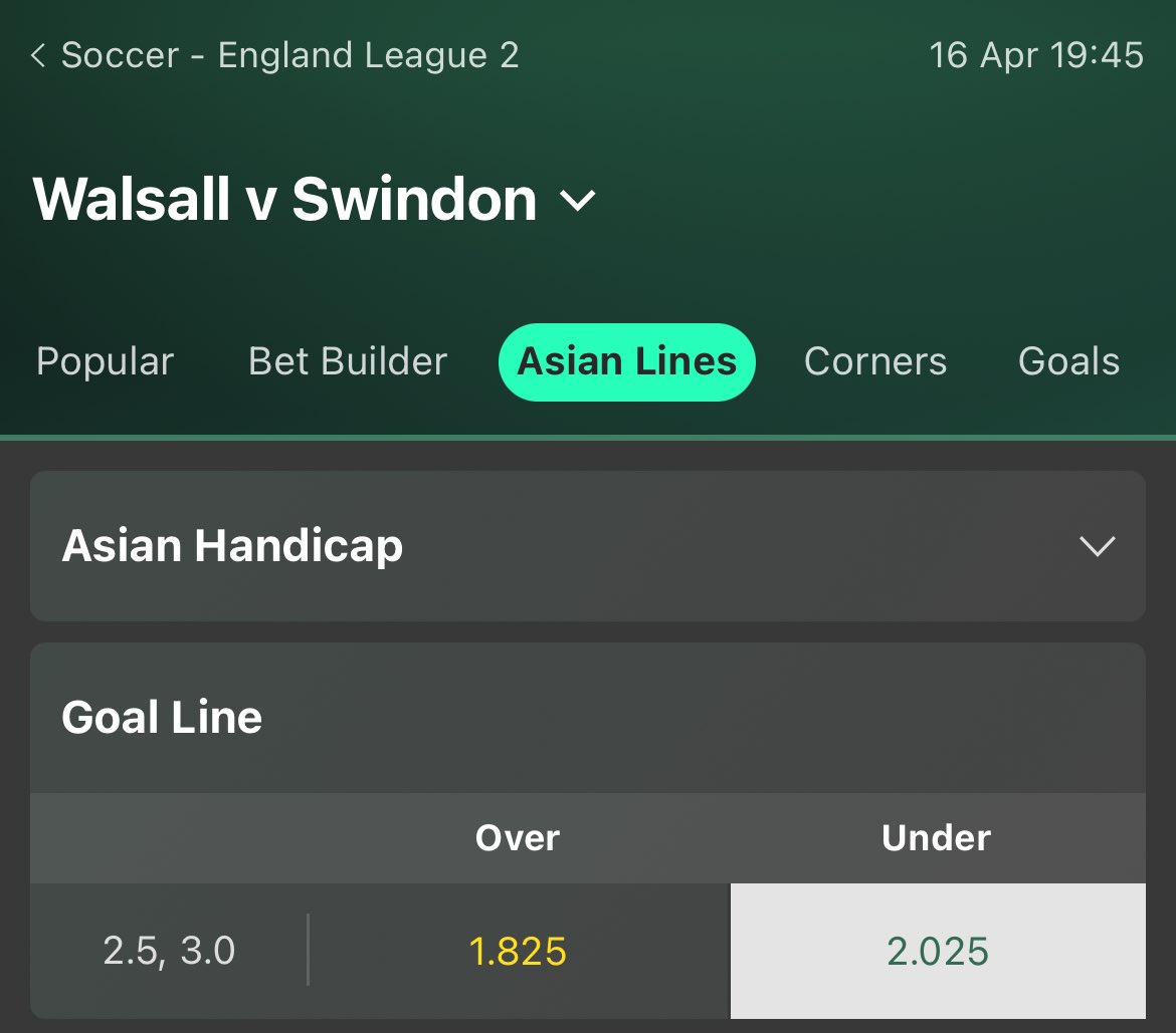 🏴󠁧󠁢󠁥󠁮󠁧󠁿 Walsall v Swindon (16/04)
📚 U2.75 Goal Line (2.5u)
📈 @ 2.025 (Min 2.00)

❤️ Like if you’re on!
