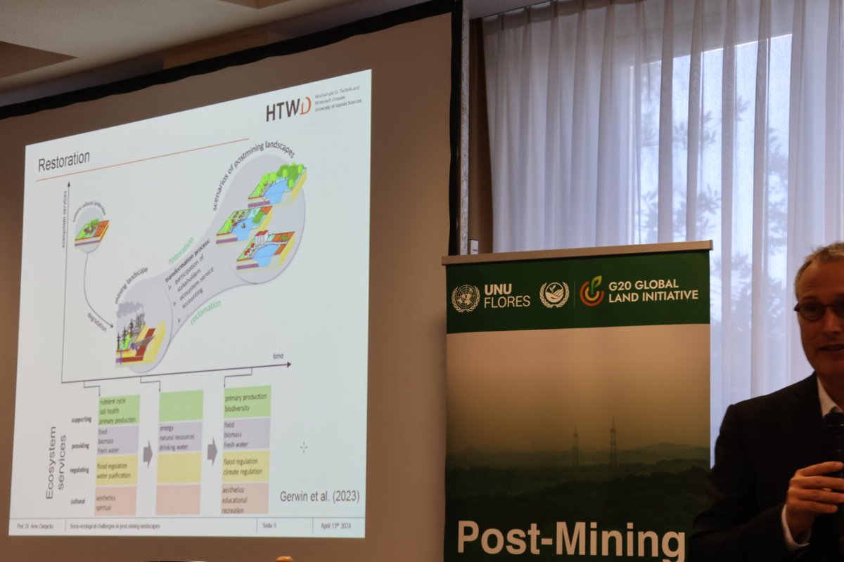 At the Post-Mining Land Restoration workshop co-organized by @G20GLI_ and @UNU_FLORES, Prof Arne Cierjaks of @DresdenHtw showed that post-mining landscapes like #Lusatia can result in enhanced #EcosystemServices.