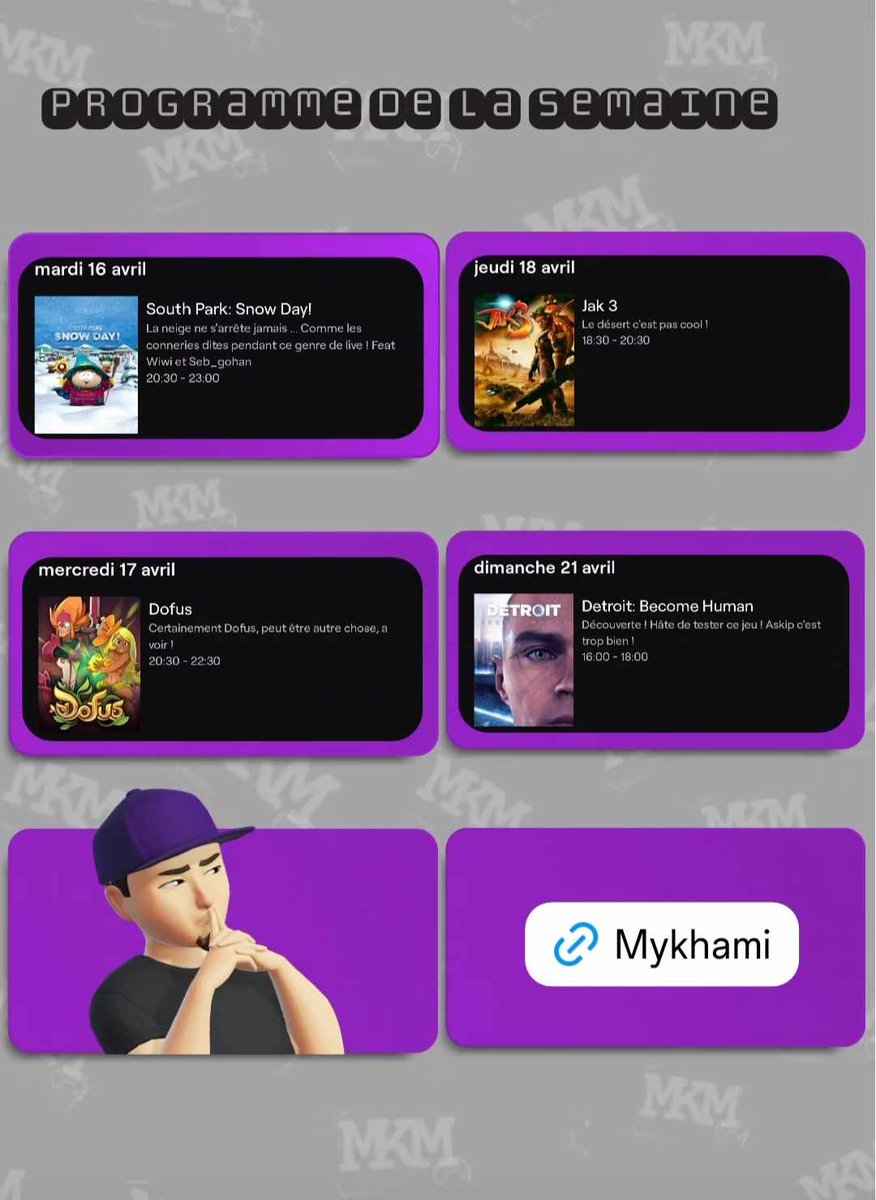 Mykhami's tweet photo. Salut la team, salut la commu!
Au programme cette semaine,
Du south park avec @seb_gohan_, du dofus, du rétro avec jak 3 et on découvre (enfin) détroit :become humain ! https://t.co/JYBcduHUv1