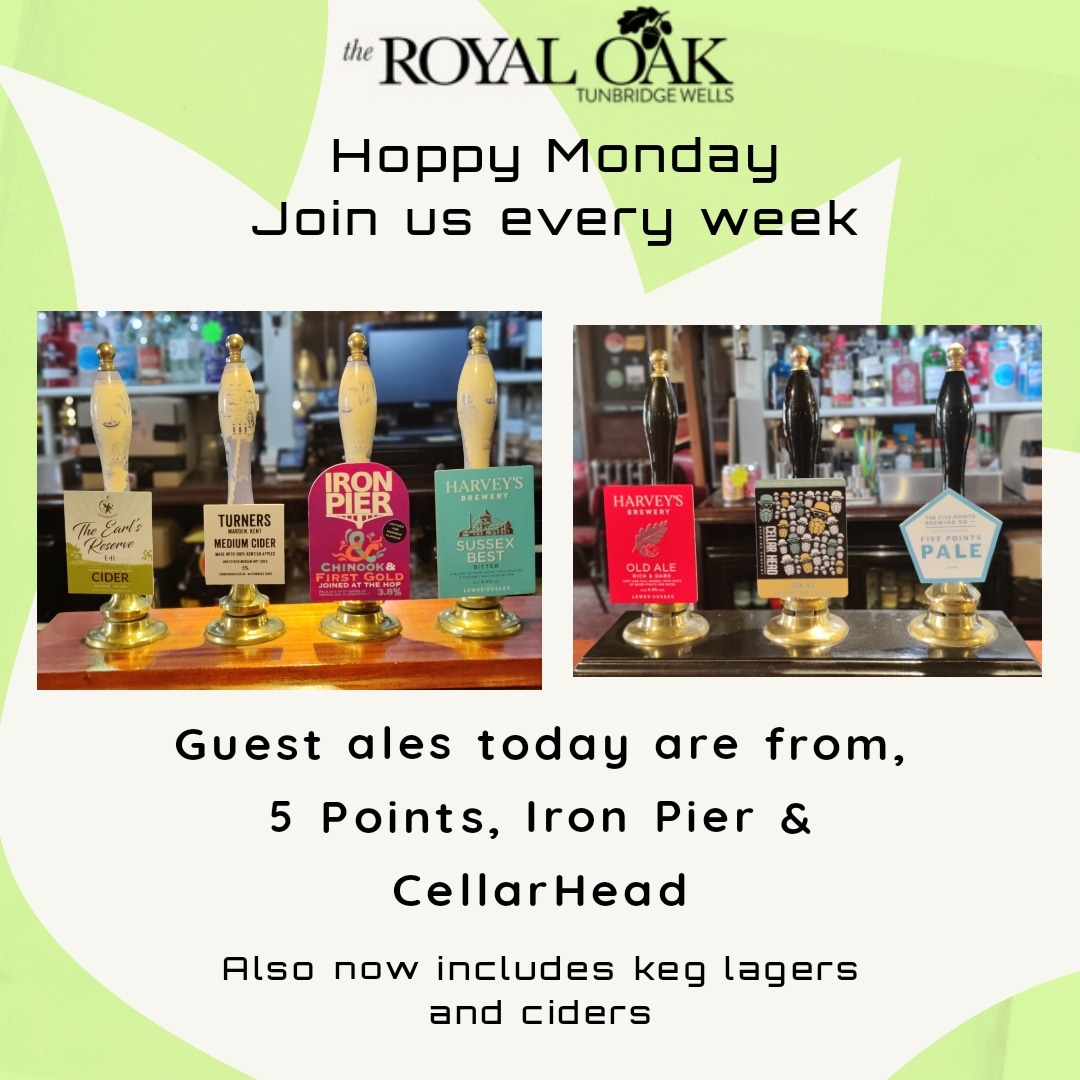 Welcome to Hoppy Monday.  Guest ales today are from #fivepointsbrewingco #ironpier & #cellarheadbrewingcompany. 

OPEN from 4pm.

#harveysbrewery #westkentcamra #hoppymonday #twpubs #twcaskale #twrealale #realalefinder #❤️🌳🍺