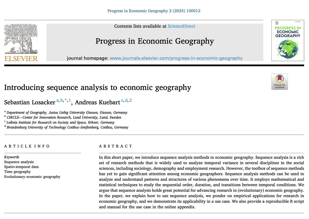 📗📏New paper published in Progress in Economic Geography: 'Introducing sequence analysis to economic geography' by @S_Losacker and Andreas Kuebart #openaccess #sequenceanalysis #PEG #economicgeography sciencedirect.com/science/articl…