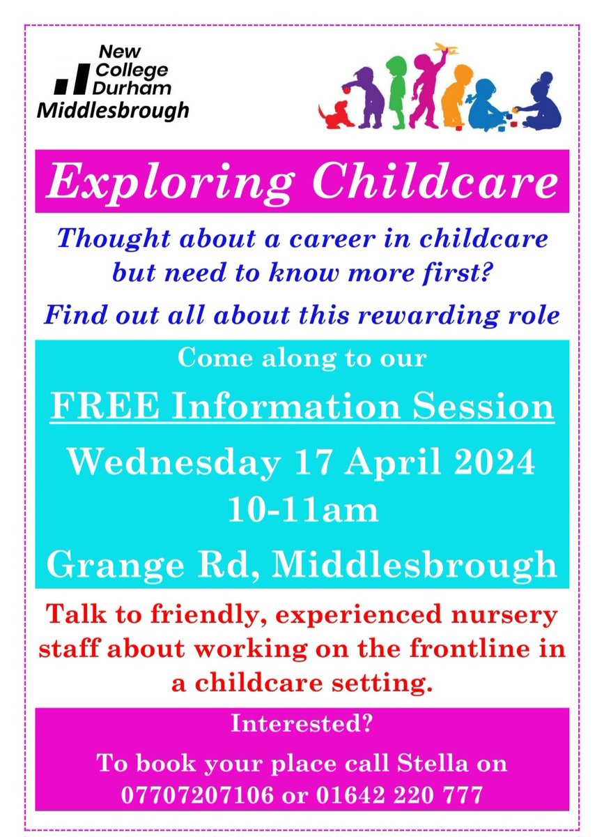 programme_start's tweet image. ⭐️Thought about a career in Childcare ,but need to know more?⭐️

Come along to our Information Session Wed 17th April at 10am.

To book 📱07707207106 or 01642 220777