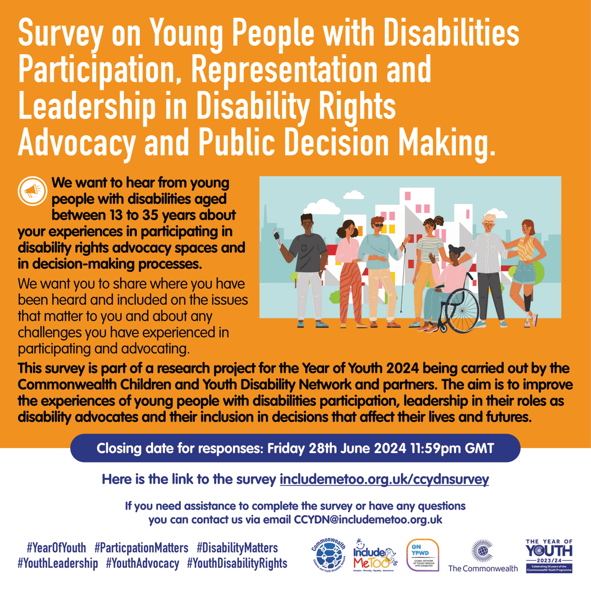 Join us in enhancing the involvement, representation and leadership of young people with disabilities in advocacy and public decision making.

Participate in the survey 👉 bit.ly/4aPxIQy

<a href="/CCYDNetwork/">Commonwealth Children & Youth Disability Network</a> | <a href="/IncludeMeTOO/">Include Me TOO</a> | #YearofYouth
