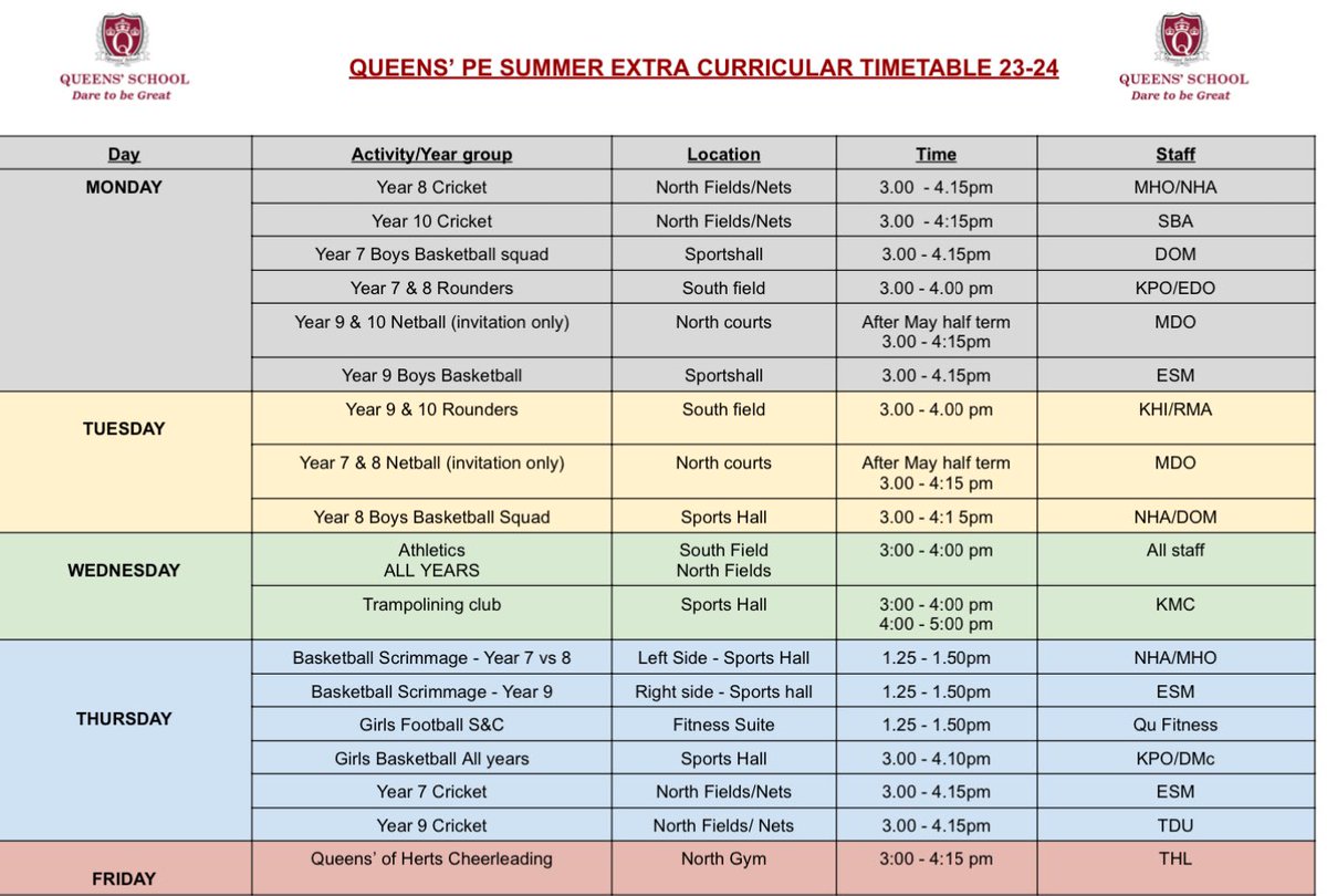 🏃🏻‍♂️🏃🏿‍♀️⚾️🏏SUMMER EXTRA-CURRICULAR TIMETABLE ⚾️🏏🏃🏼‍♀️🏃🏾