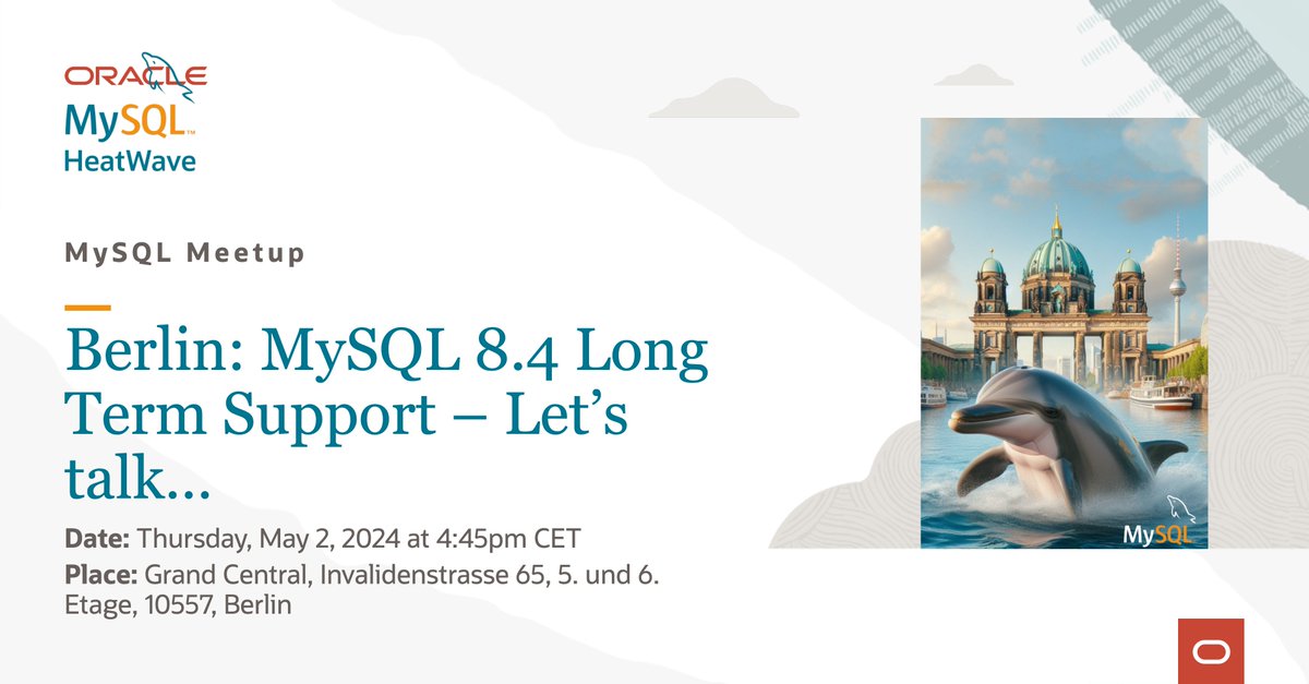 #MySQL meetup in 🏛️ Berlin 🏛️ on May 2 on 'MySQL 8.4 Long Term Support'. Feel Free register for this free of charge afternoon meetup! social.ora.cl/6016w2sMA #MySQLCommunity