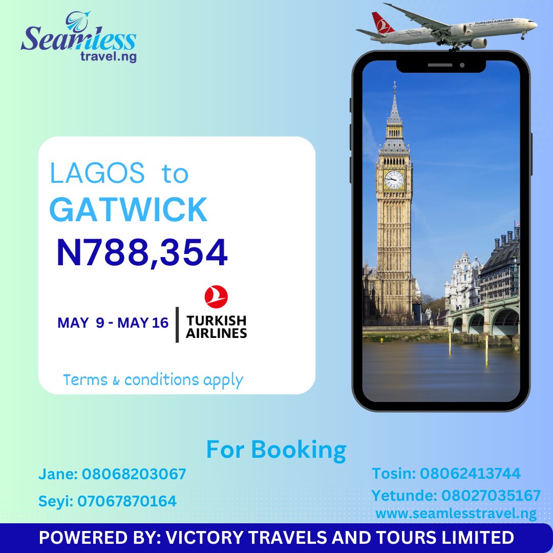 Flight deal of the day!!!  

You pay today at a cheaper rate and travel later.  

Book now on seamlesstravel.ng 

#Flight #FlightDeals #FlightBooking #Lagos #Gatwick #London