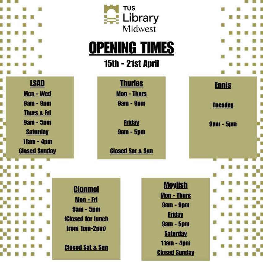 Opening hours this week for the library at our Midwest campuses (thanks @TUS_LibraryMW)!