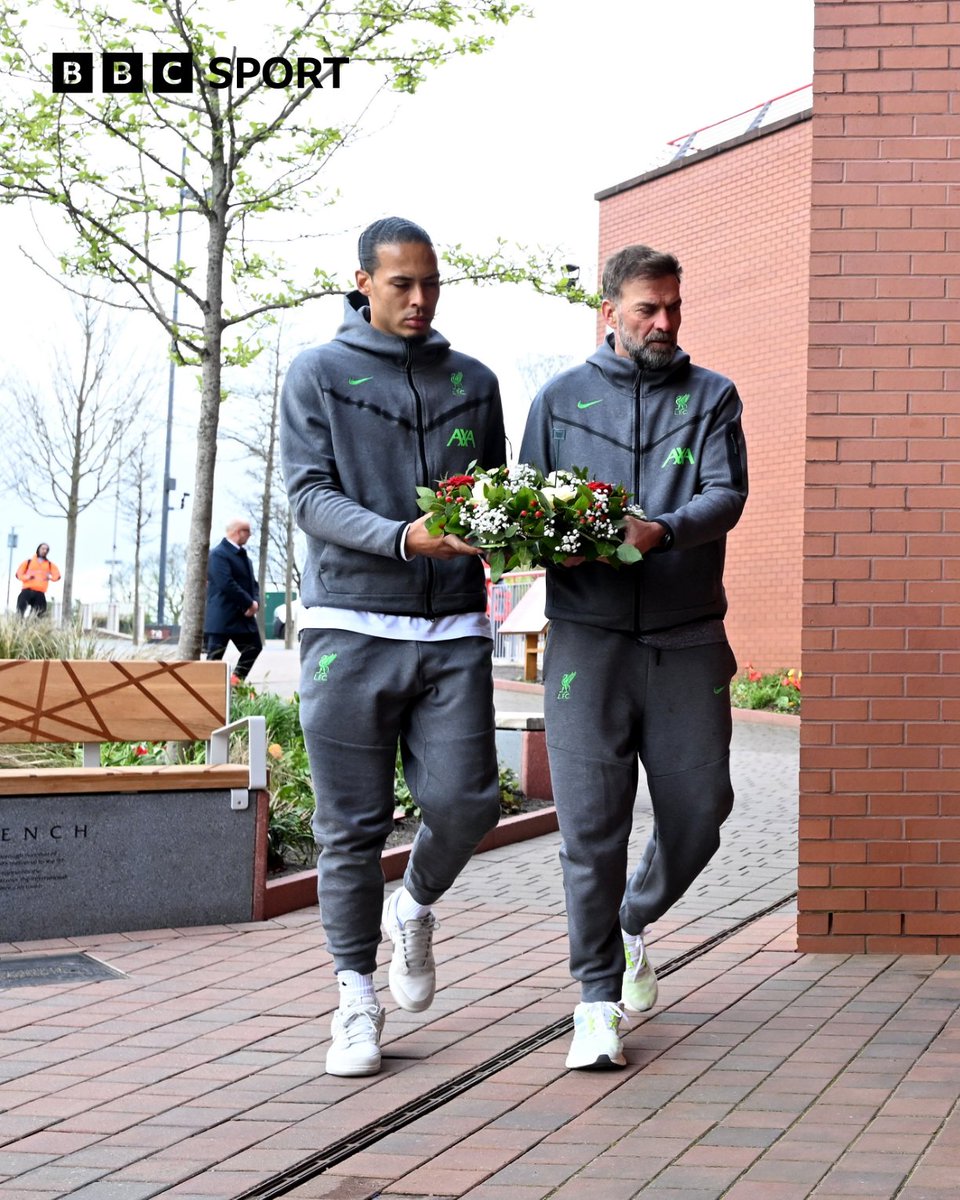 Never forgotten. ❤️ Jurgen Klopp and Virgil van Dijk lay a wreath at Anfield to commemorate the 35th anniversary of the Hillsborough disaster. #BBCFootball #LFC