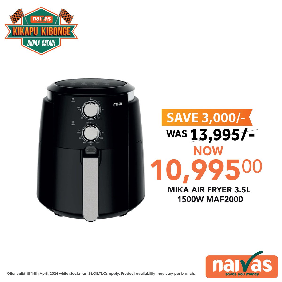 Steam it, roast it, bake it, fry it! The Mika Air fryer is truly a game changer in your kitchen! Not only does it make your cooking processes easier, it also helps you cook healthier meals! Get yours today! #NaivasKikapuKibongeSafari *Offers valid countrywide until 16/04/2024