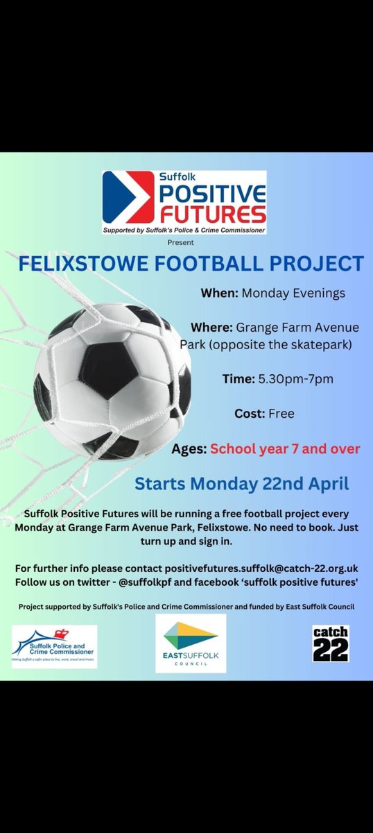 We restart our Felixstowe football project on Monday (22nd April). Location is the grass area in front of the Skatepark on Grange Farm Avenue. All FREE. Thanks to @EastSuffolk for their support. @FelixWoodPolice @Felixseasiders @FelixstoweTC @TimSPCC