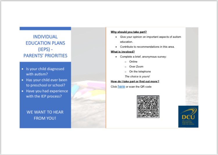 @dcu_incl_spe wants to learn more about the IEP priorities of parents with autistic children. We have already surveyed autistic adults and educators and also think it’s important to hear from parents. Access the 5 minute survey here: forms.gle/zhEx6GrT5twTKr… #autism