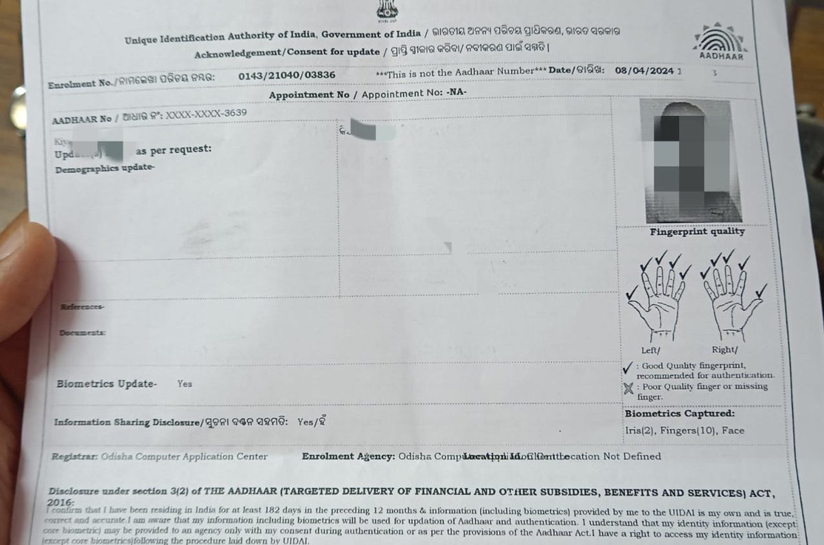 manas_odi's tweet photo. @UIDAI Only biometric update for a child's Aadhaar (age 6) in Balangir, a service centre charged ₹130 forcefully. Updates for ages 5-17 are free. Please advise #AadhaarUpdate #UIDAI #BiometricUpdate #Aadhaar https://t.co/A3zszYXLU1