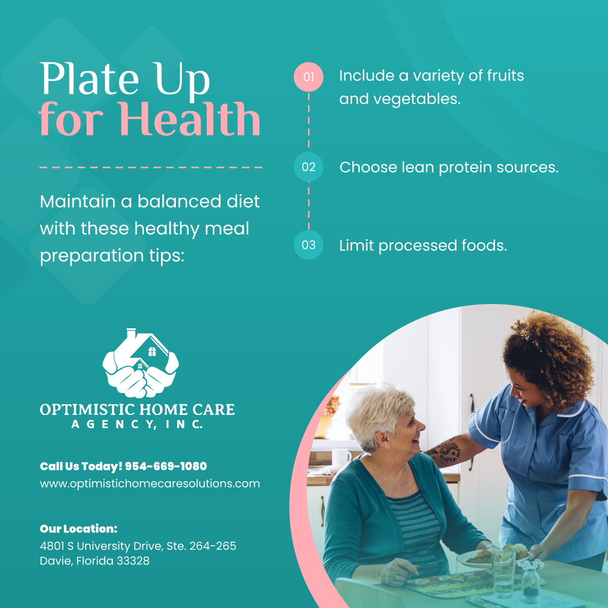 Stay healthy with these meal preparation tips. Contact us for assistance with meal planning and preparation! 

#DavieFL #HomeCareAgency #HealthyEating #NutritionTips #BalancedDiet
