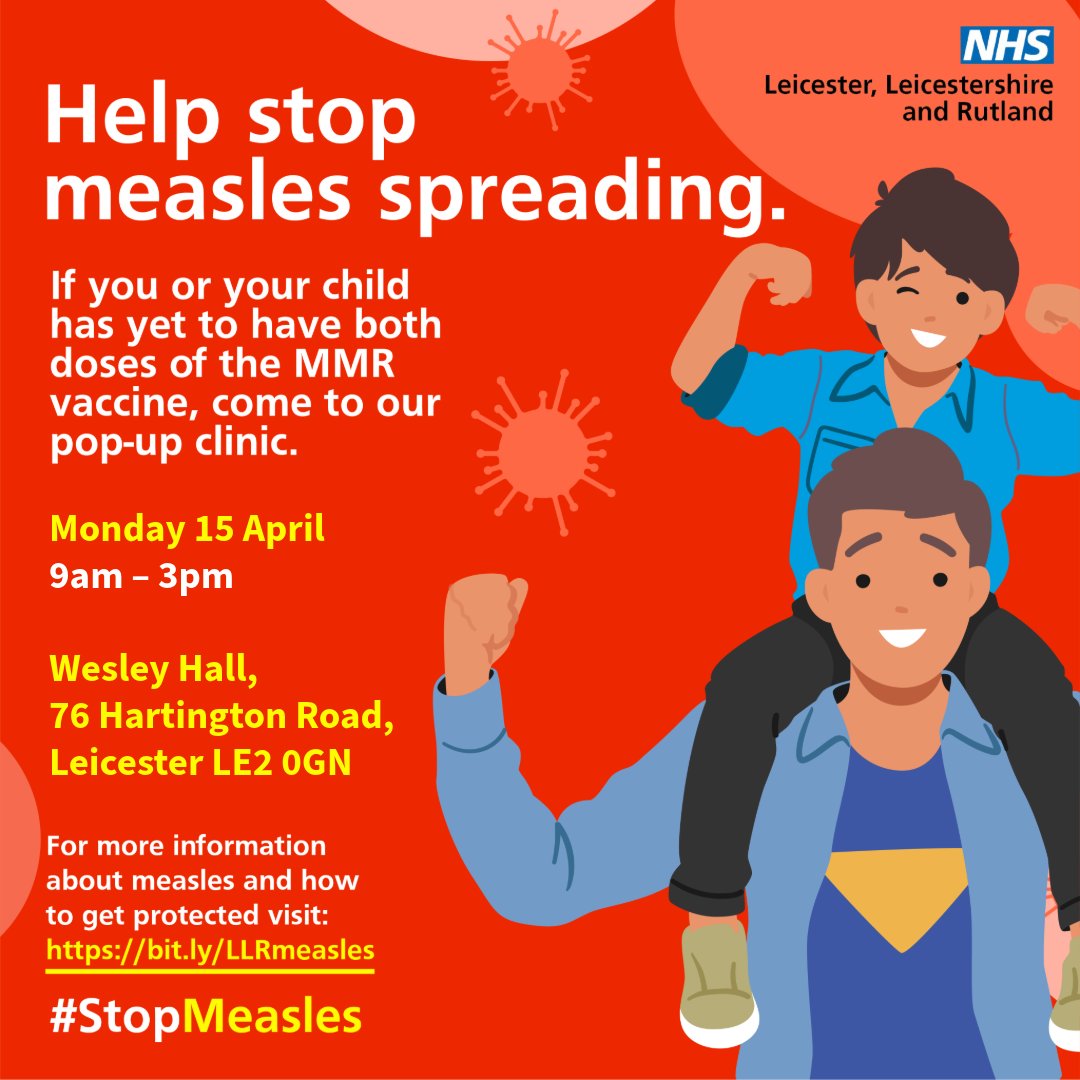 If you or someone in your family needs the MMR vaccine, head down to our drop-in clinic today. Make sure the whole family is protected against measles. 9am-3pm, Wesley Hall, 76 Hartington Road, Leicester LE2 0GN. Find out more: …erleicestershireandrutland.icb.nhs.uk/nhs-vaccinatio…