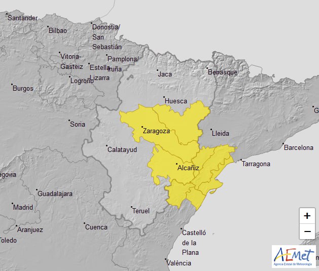 🟡🌬️ Aviso amarillo por #vientos para mañana, día 16, entre las 9 y las 22 h en Sur de #Huesca, #RiberaDelEbro y #BajoAragón @AEMET_Aragon