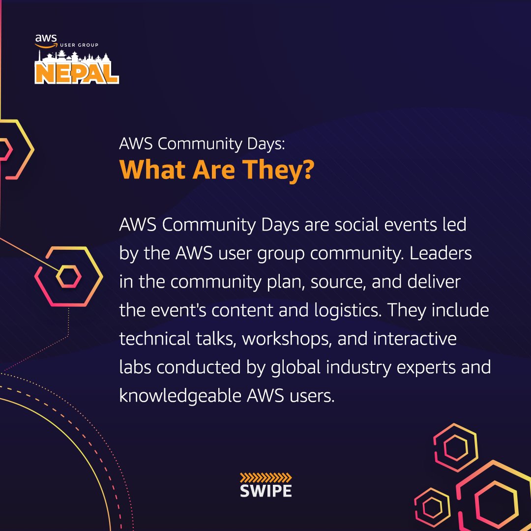 AwsugNepal's tweet photo. What is AWS Community Day and what are the benefits of going to the Event?

Join us on April 21st for the AWS Community Day Nepal 2024 event, at Sunway College, Maitidevi, Kathmandu!

Don’t miss out this wondrous opportunity!

For more info: https://t.co/SlzRtNF0aL https://t.co/Nlv2JHrCXB