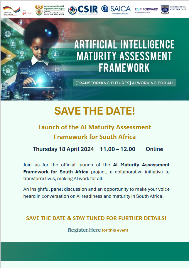 Join us for the launch of the #AIMaturity Assessment Framework for SA project, a collaborative initiative to transform lives, making #AI work for all.
Register: uwc.zoom.us/webinar/regist… 
📆 Thurs 18 April 2024
⏰ 11:00 - 12:00
#data #governance #AIpolicy #framework #collaboration