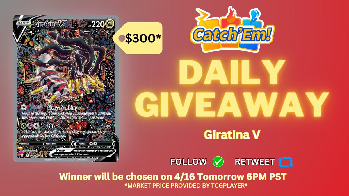 🔴Daily Giveaway⚫️

Win an Alternate Full Art Giratina V 🕯️
Also, 3 people will win a 3,000 point coupon for our website! 🎉🎉🎉

To enter the draw:
🌑Follow 📲
🌑Repost 🔁

Winner announced 4/16, TOMORROW‼️

#CatchEm | #PokemonGiveaway | #PokemonTCG