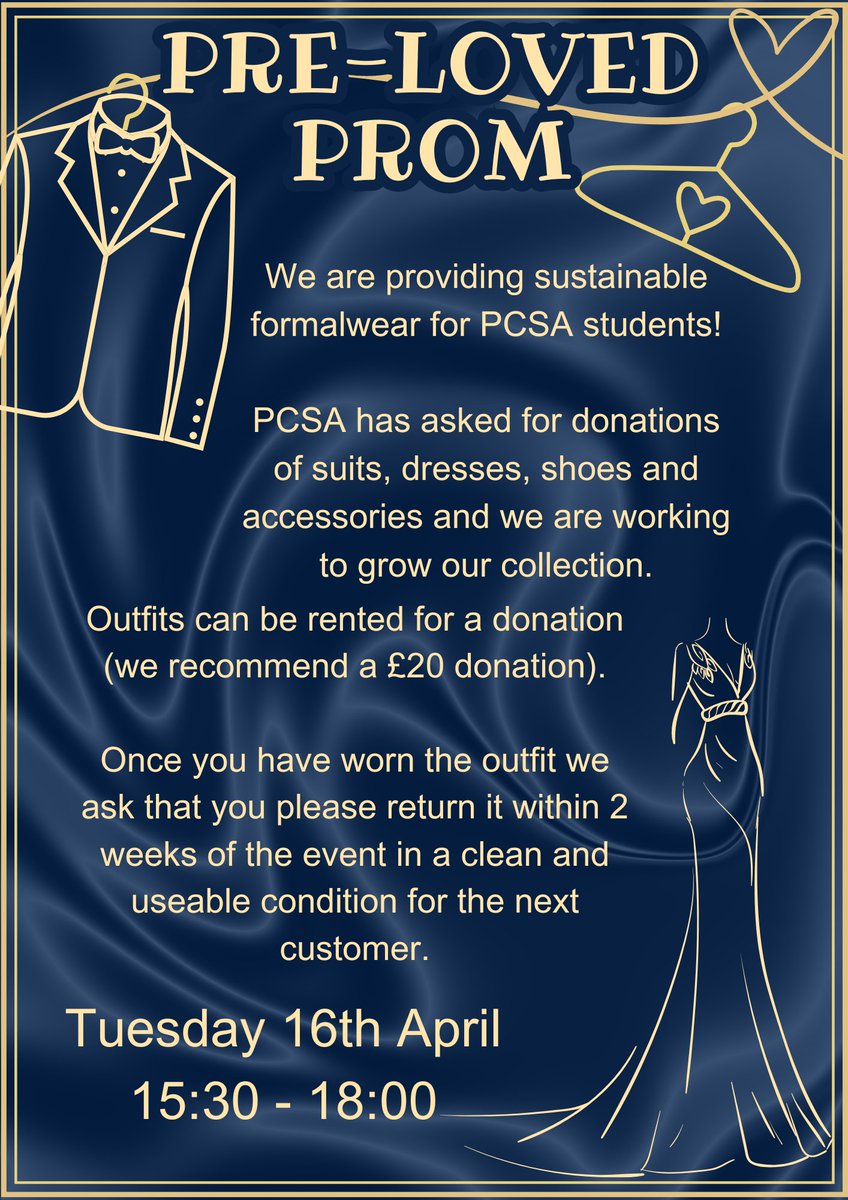 Our preloved prom shop opens tomorrow! Call in to have a browse. Suits and dresses for all tastes and preferences. We ask for a £20 donation. Sustainable AND affordable. All funds will be donated to Weston Foodbank and used to support our prom.